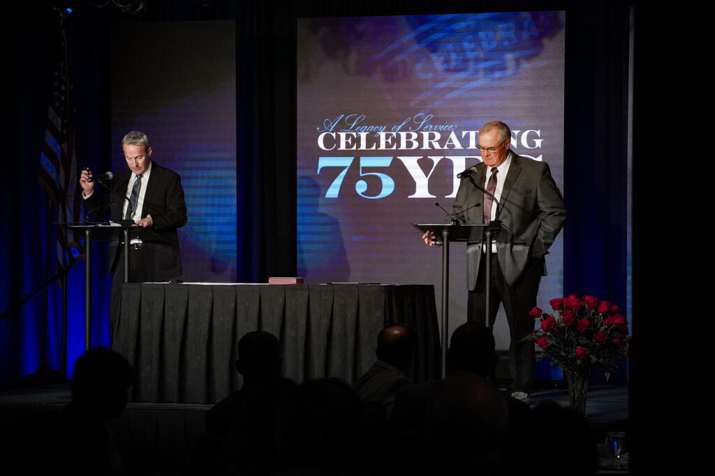 East River Electric Power Cooperative CEO and General Manager Bob Sahr (left) and East River Electric Board President Alan Vedvei (Right) provided an update to the co-op’s membership during East River’s 75th annual meeting. 